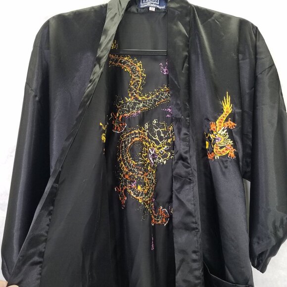 Lucky Kimono Bath Robe M Hand Embroidered Chinese Dragon Black Satin Tie Pockets - Picture 16 of 16